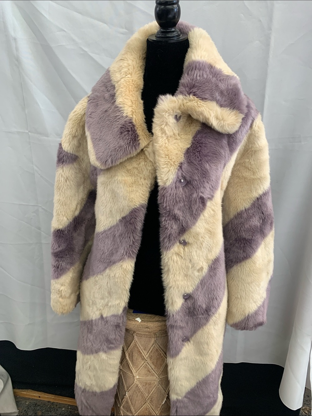 Striped Faux Fur Pea Coat in Cream & Lavender
